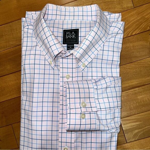 Jos. A. Bank Traveler Collection Wrinkle Free Pink and Blue Check Shirt - Picture 1 of 10